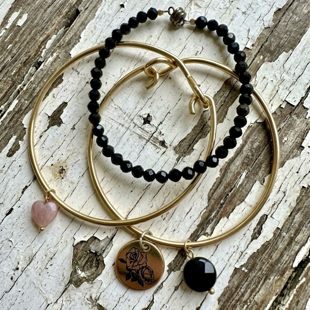 Chic Gold and Black Charm Bracelet Trio